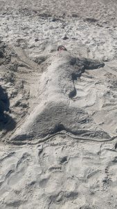 Eine Person ist im Sand in Form einer Meerjungfrau eingebuddelt worden